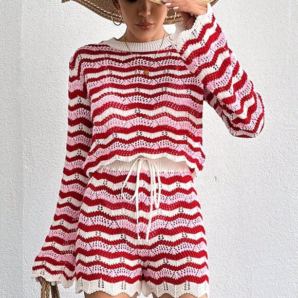 Multicolor Striped Women's Knit Top & Shorts Cover Up Set - Picture 5 of 5